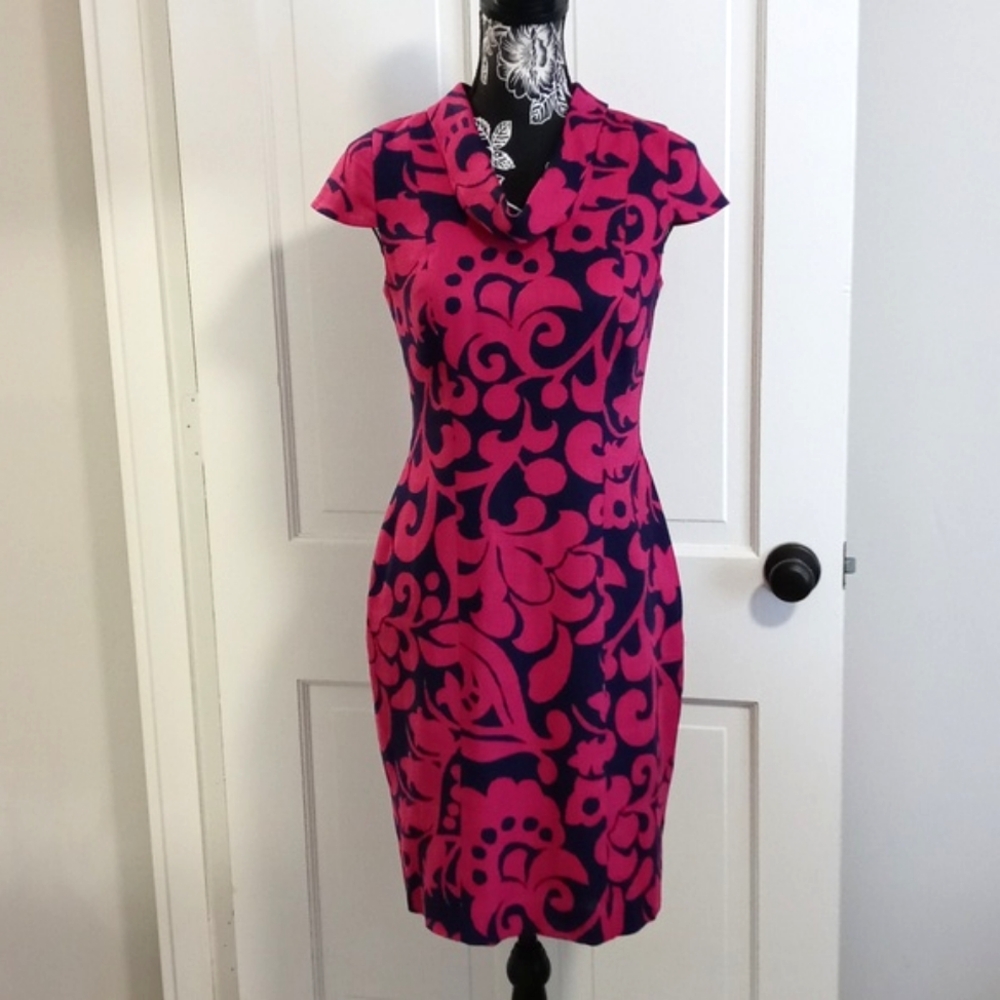 💘Talbots💘 - Magenta/Navy Floral Print Linen Cowl Neck Sheath Dress